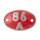 A BR (Western Region) locomotive aluminium shed plate; 86A. A 1950s oval plate believed to be from