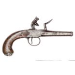 A silver mounted 50 bore cannon barrelled flintlock boxlock pocket pistol c 1781, by Archer, 8”