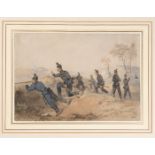 A military watercolour by Henry Martens: Rifle Regiment on manoeuvres, trees and farmhouse in