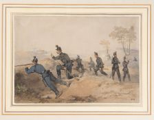 A military watercolour by Henry Martens: Rifle Regiment on manoeuvres, trees and farmhouse in