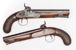 A pair of 34 bore rifled percussion holster pistols by Rowntree of Penrith, c 1835, 12½” overall,