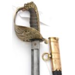 A late Vic RN officer’s sword, very slightly curved blade 33”, etched with crowned fouled anchor