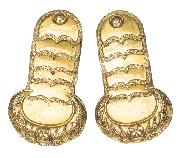 A pair of officer’s gilt shoulder scales of the 13th Light Dragoons, embossed trophies to crescents,