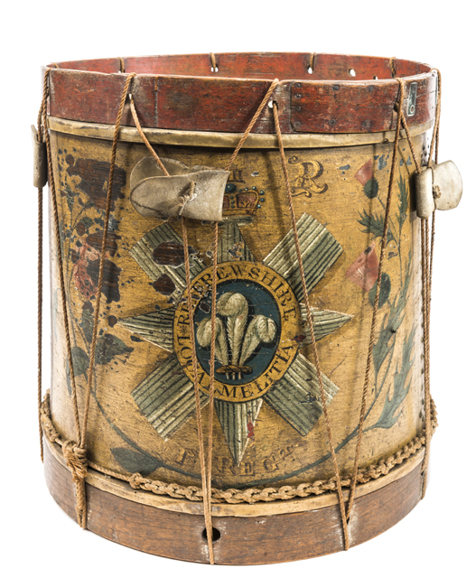 A George III painted wooden side drum of the Renfrewshire Local Militia, 1st Regiment, bearing the