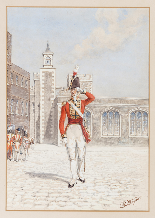 A military watercolour by Reginald Augustus Wymer: Officer of the Scots Guards at the Tower of