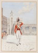 A military watercolour by Reginald Augustus Wymer: Officer of the Scots Guards at the Tower of