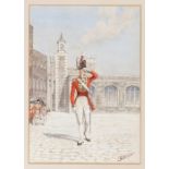 A military watercolour by Reginald Augustus Wymer: Officer of the Scots Guards at the Tower of