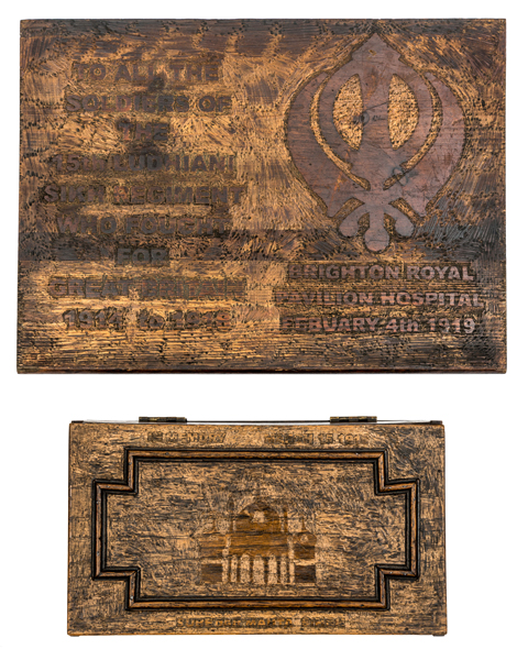 2 interesting World War I commemorative items relating to Sikh troops in Brighton: an oak box, the