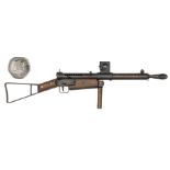 A similar model of a Mark I Sten submachine gun, 7½” overall, with flash hider, wooden hand grip,
