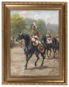 An oil painting of a mounted officer of the 2nd Life Guards, c 1900, by Harry Payne, on board, 16” x