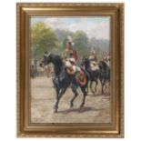 An oil painting of a mounted officer of the 2nd Life Guards, c 1900, by Harry Payne, on board, 16” x