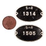 3 SR/BR(S) railway cast iron wagon builders plates. 2x SR (Eastern Section); 1314 and 1505. Together