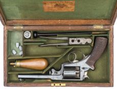 A cased 5 shot 54 bore Beaumont Adams double action percussion revolver of US Civil War interest,