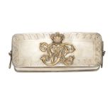 A Victorian Hussar officer’s silver plated pouch flap, bearing brass crowned VR cypher, forming