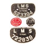 4 Railway cast iron wagon builders plates. A LMS standard 12 tons, 523394. A LMS 12 tons, 722838.