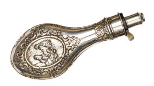 An unusual all white metal powder flask, featuring 3 horse heads in ornamental oval on one side