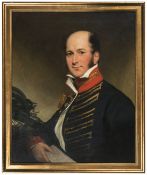 An oil on canvas portrait, of a British artillery officer in full dress, c 1800, half length, blue