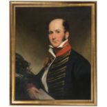 An oil on canvas portrait, of a British artillery officer in full dress, c 1800, half length, blue