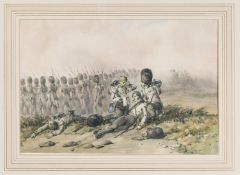 A watercolour by Orlando Norie: The Scots Guards advancing with bayonets fixed during the Crimea