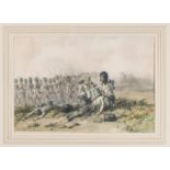 A watercolour by Orlando Norie: The Scots Guards advancing with bayonets fixed during the Crimea