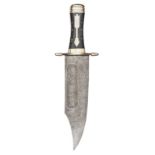 A massive heavy bowie knife, blade 12” x 3”, with wide dish style fuller on each side, and etched