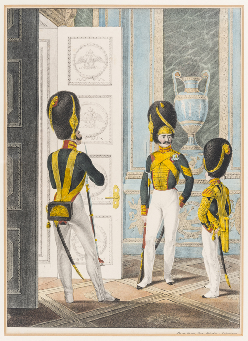 A set of 3 Russian coloured military prints of early 19th century period uniform featuring palace - Image 3 of 3