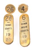4 GWR railway brass signal box lever plates/discs. 2x plates: An example marked ‘6 Down Main Start’g