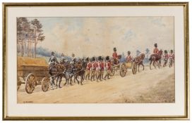 A watercolour by Richard Simkin featuring Coldstream Guards, a detachment with machine gun and