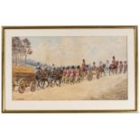 A watercolour by Richard Simkin featuring Coldstream Guards, a detachment with machine gun and