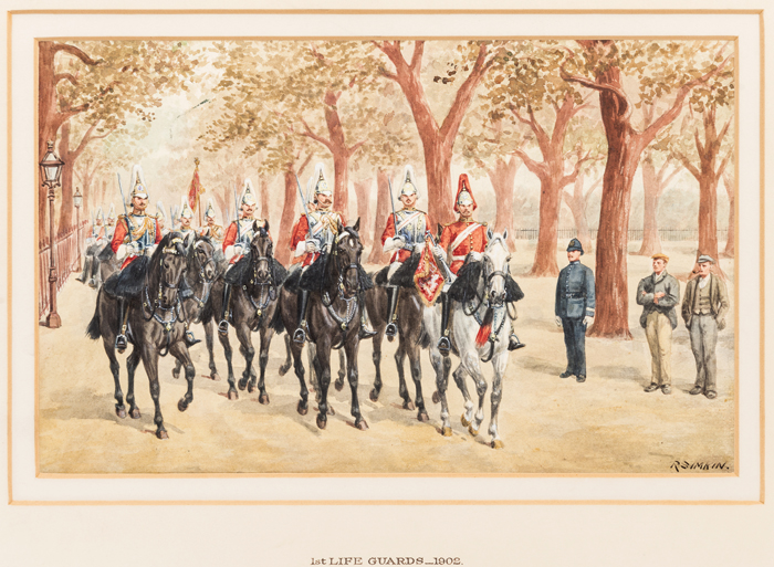 A watercolour painting by Richard Simkin entitled “1st Life Guards - 1902”, showing a troop in