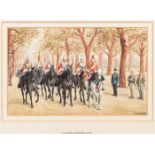 A watercolour painting by Richard Simkin entitled “1st Life Guards - 1902”, showing a troop in