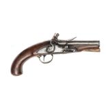 A provincially made 50 bore flintlock sidelock travelling pistol, c 1770, 9” overall, round barrel
