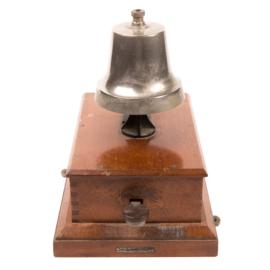 A GWR railway signal box block bell. An example in a mahogany case with a chromium plated church