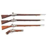 A group of three similar model flintlock muskets, 9” overall; and a flintlock pistol 3¾” overall.