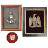 2 19th cent French badges: large brass eagle on twisted bar and lightning, 6” x 5½” and plated