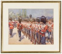 A military watercolour by C. Clark: The Royal Fusiliers on parade dated (19)03, Sgt Major saluting