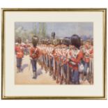 A military watercolour by C. Clark: The Royal Fusiliers on parade dated (19)03, Sgt Major saluting