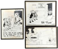 3 black and white cartoons, Churchill and Roosevelt as cooks with a pan of “Second Front Brew”