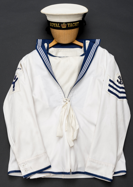 An ERII Leading Seaman’s No 1 white dress uniform of the Royal Yacht Britannia comprising round