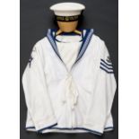 An ERII Leading Seaman’s No 1 white dress uniform of the Royal Yacht Britannia comprising round