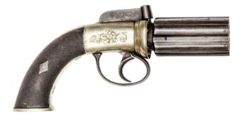 A German silver framed 6 shot 70 bore self cocking bar hammer percussion pepperbox revolver, 8½”