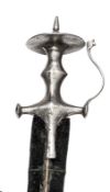 An 18th century tulwar hilted Indian sword, very slightly curved broad blade 33”, with narrow back