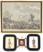 A coloured print “Bataille de St. George, Pres Mantoue”, framed 12” x 16”; 2 small prints of