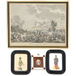 A coloured print “Bataille de St. George, Pres Mantoue”, framed 12” x 16”; 2 small prints of