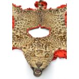 A leopard’s skin drummer’s apron, well set up head with bared teeth and glass eyes, scarlet cloth