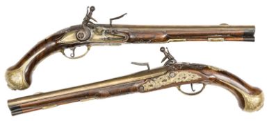 An impressive pair of 18 bore Bohemian long flintlock holster pistols, c 1740, 20” overall, flat