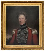 An oil on canvas portrait, half length, of James T. Bell, 17th Royal Westmorland Militia c 1835,