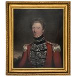 An oil on canvas portrait, half length, of James T. Bell, 17th Royal Westmorland Militia c 1835,