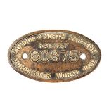 An LNER locomotive brass builder’s plate. From a Gresley Class V2 2-6-2 oval locomotive plate, 60875