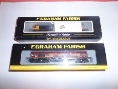 2 Graham Farish N gauge Co-Co diesel locomotives. GBRf class 66 66701 in dark blue and yellow